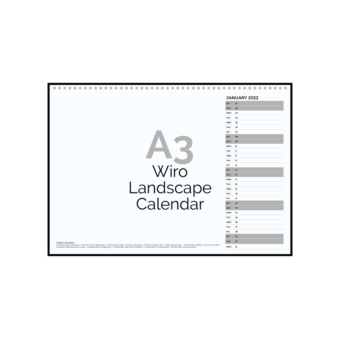 Show details for A3 Wiro Landscape 1 Month-to-View Calendar Template